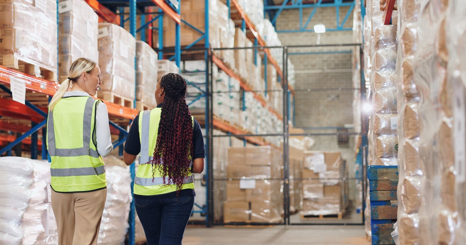 Two colleagues discuss work in a warehouse aisle, viewed from behind.